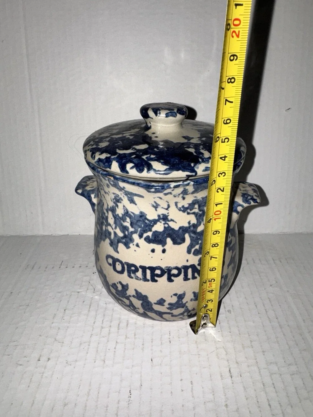 Vintage Blue Spongeware Stoneware Drippings Crock Grease Jar w/Lid Farmhouse